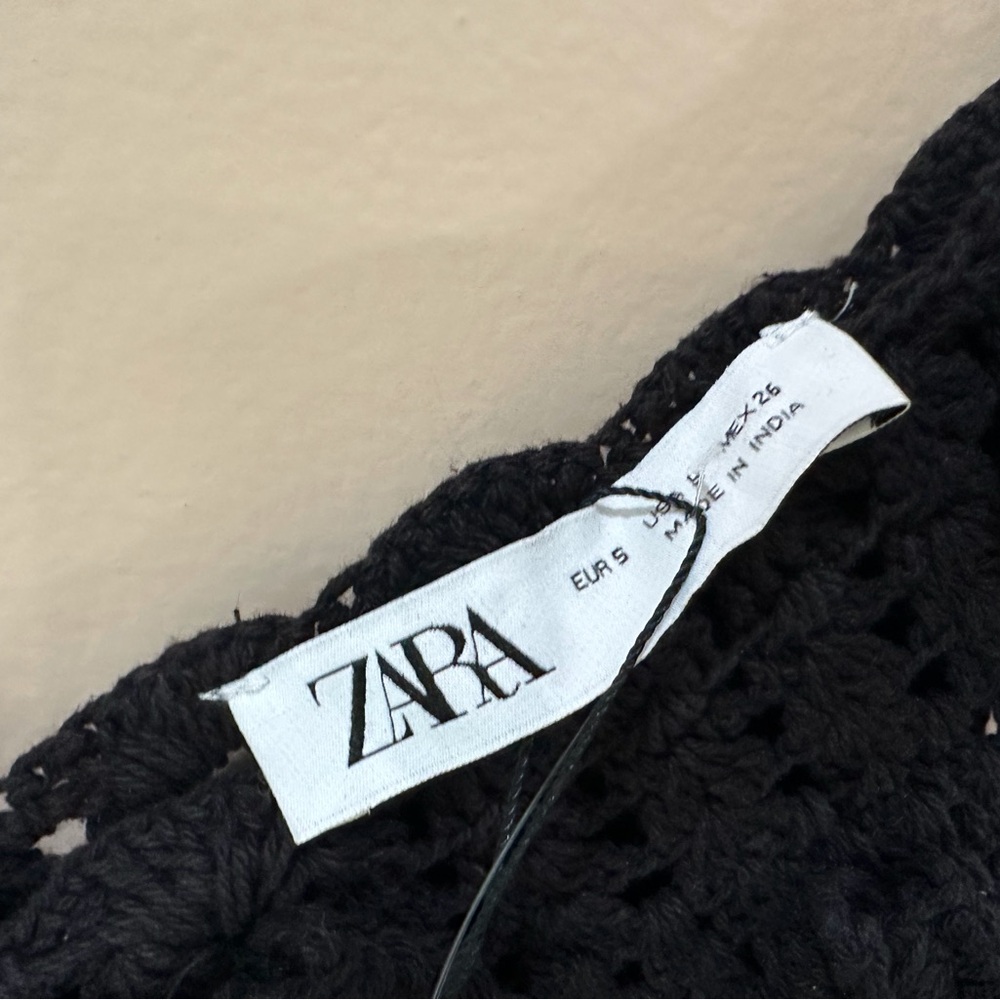 Zara Black Crochet Top Asymmetrical Scalloped Hem Side Tie Boho Festival Women S - Picture 6 of 8